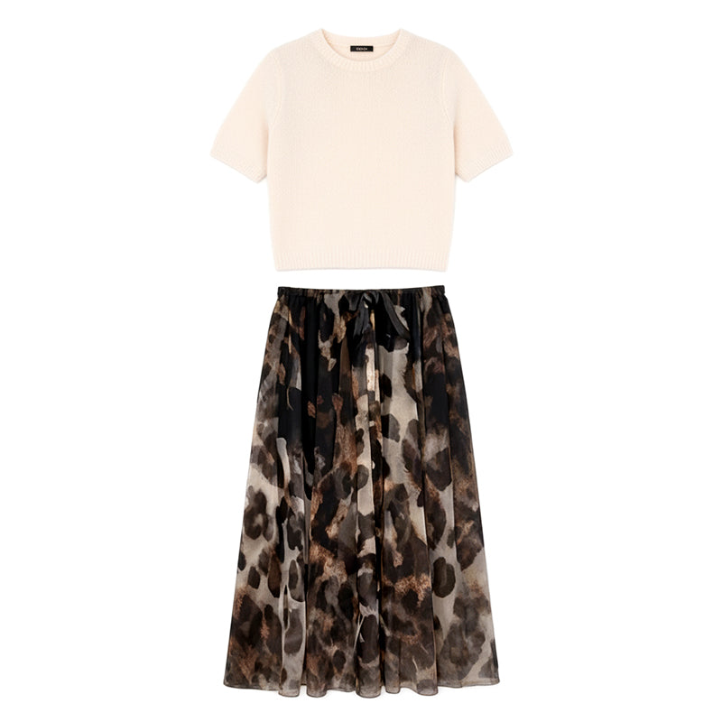 Women's sweater and leopard skirt set